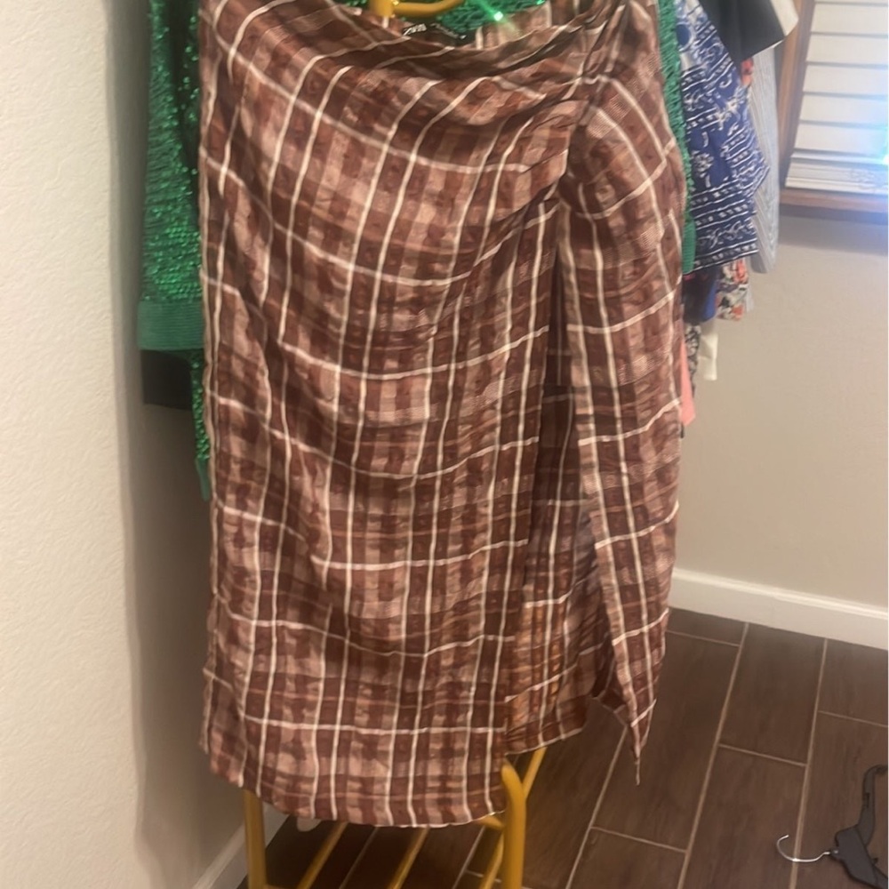 Zara Brown Plaid Midi Skirt